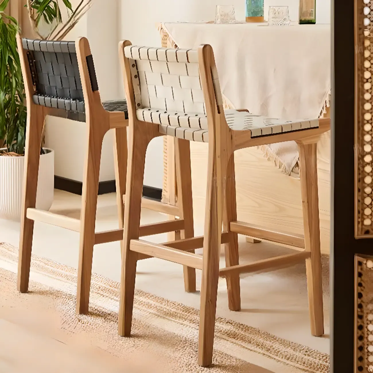 Rustic Wooden Woven Elegant Swivel Adjustable Bar Stool Image - 2
