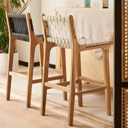 Rustic Wooden Woven Elegant Swivel Adjustable Bar Stool Image - 2