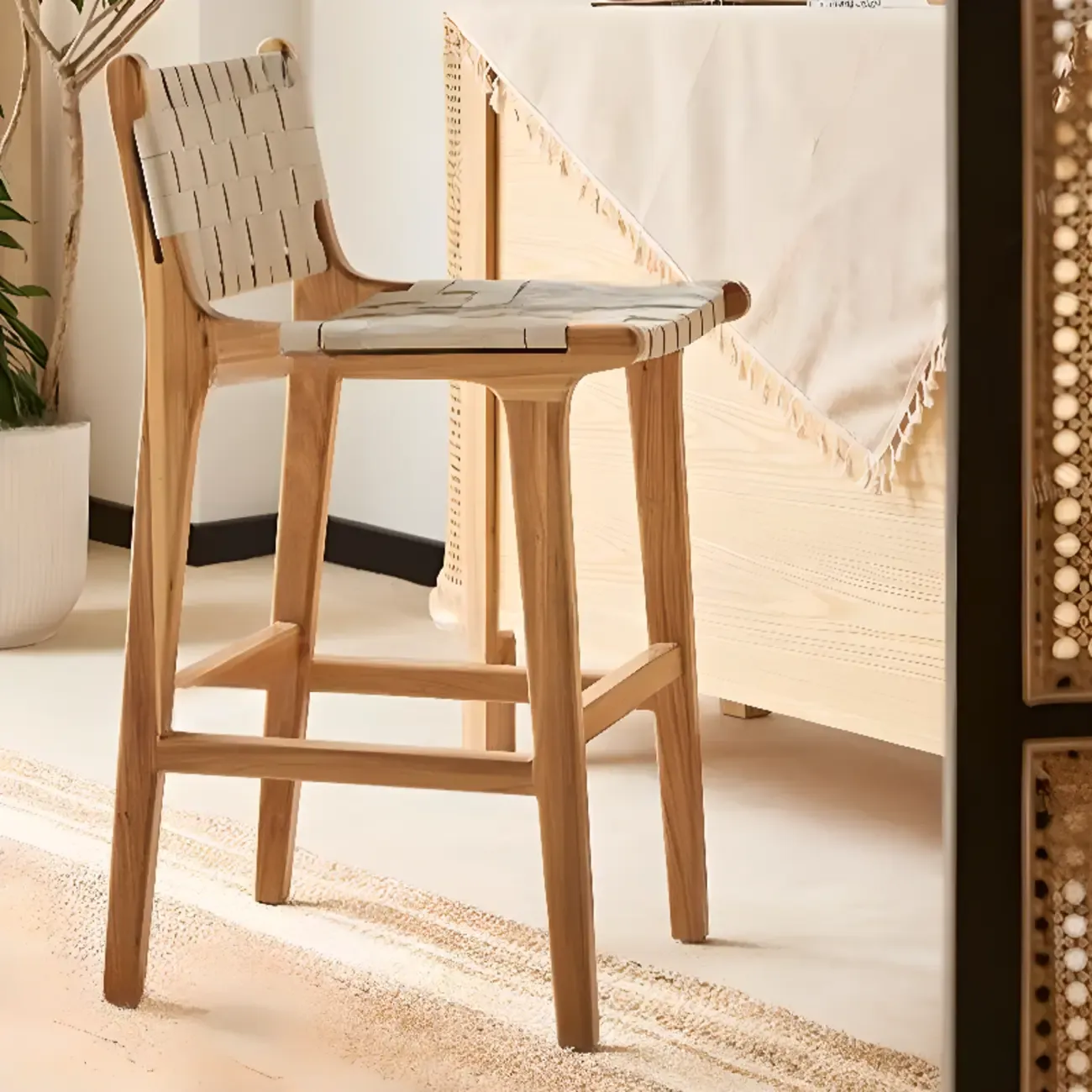 Rustic Wooden Woven Elegant Swivel Adjustable Bar Stool Image - 4