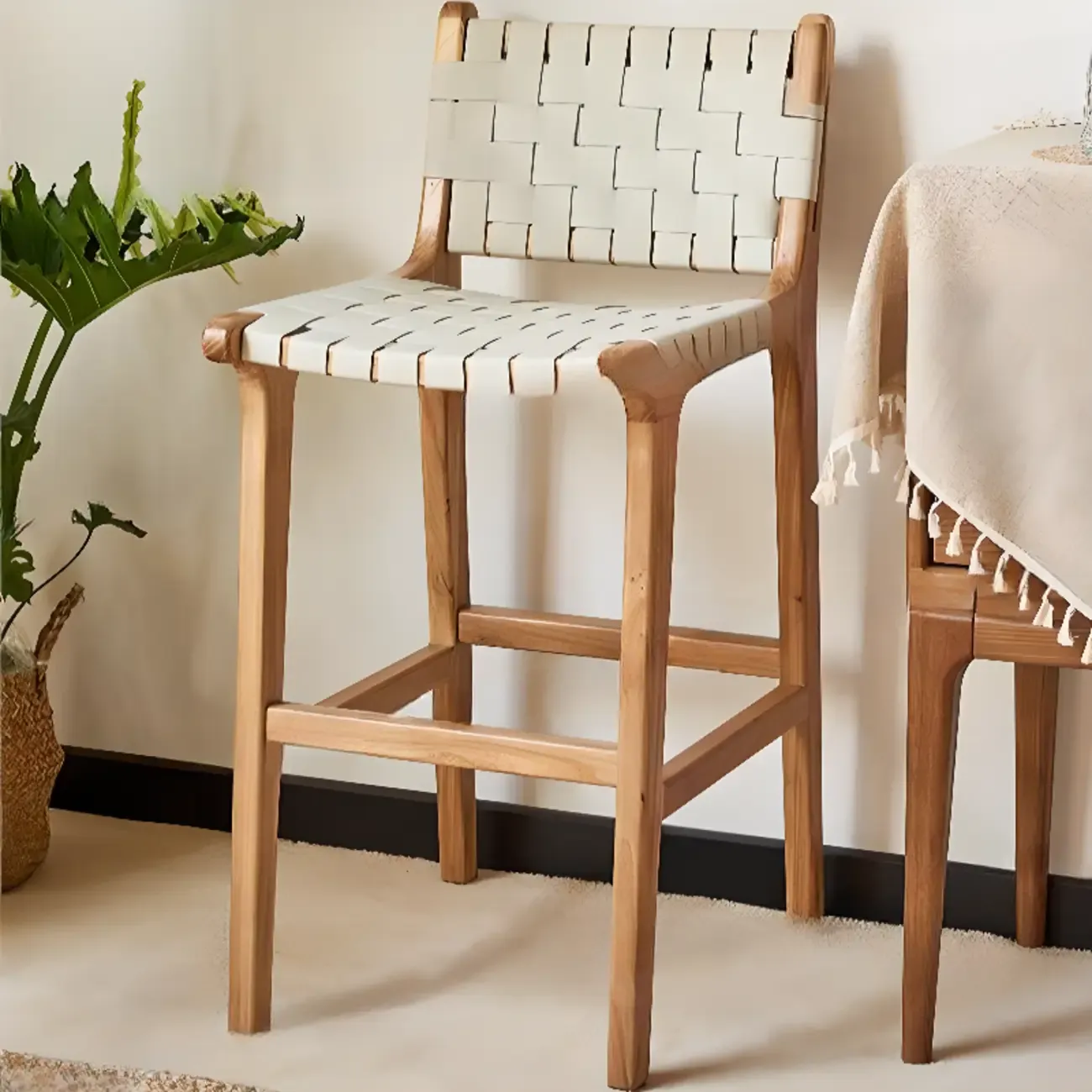 Rustic Wooden Woven Elegant Swivel Adjustable Bar Stool Image - 3