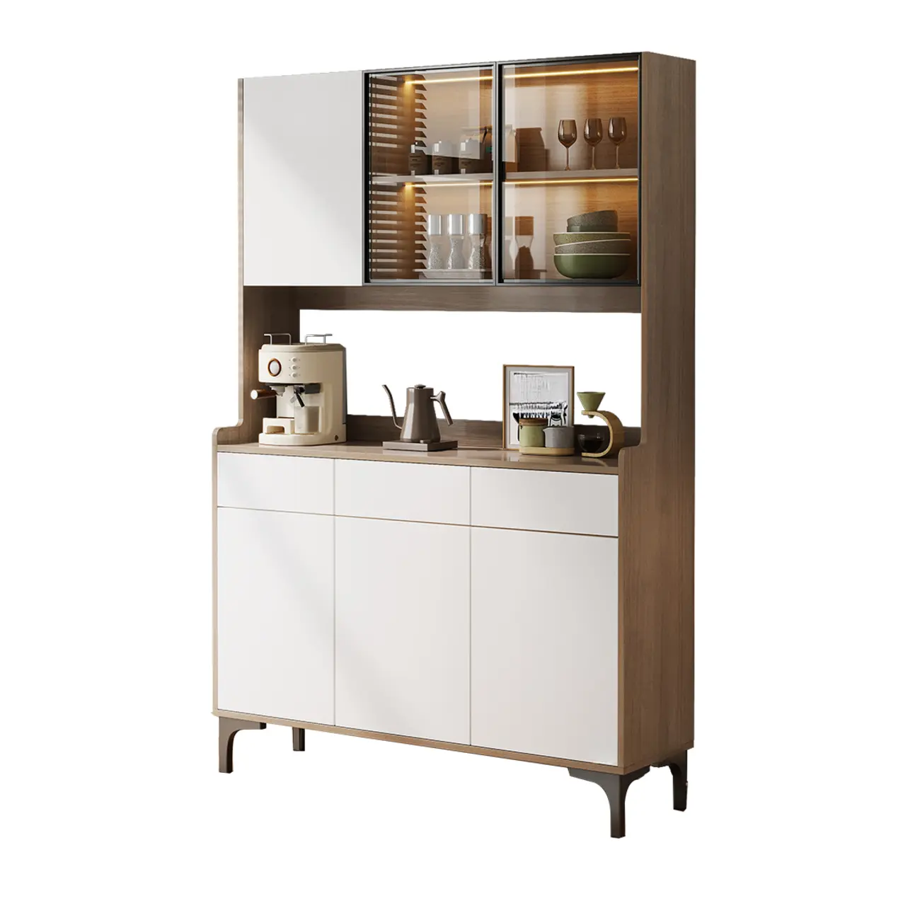 Large Wood Glass Doors Cabinet Sideboard with Hutch Top Image - 12 | homeyfad