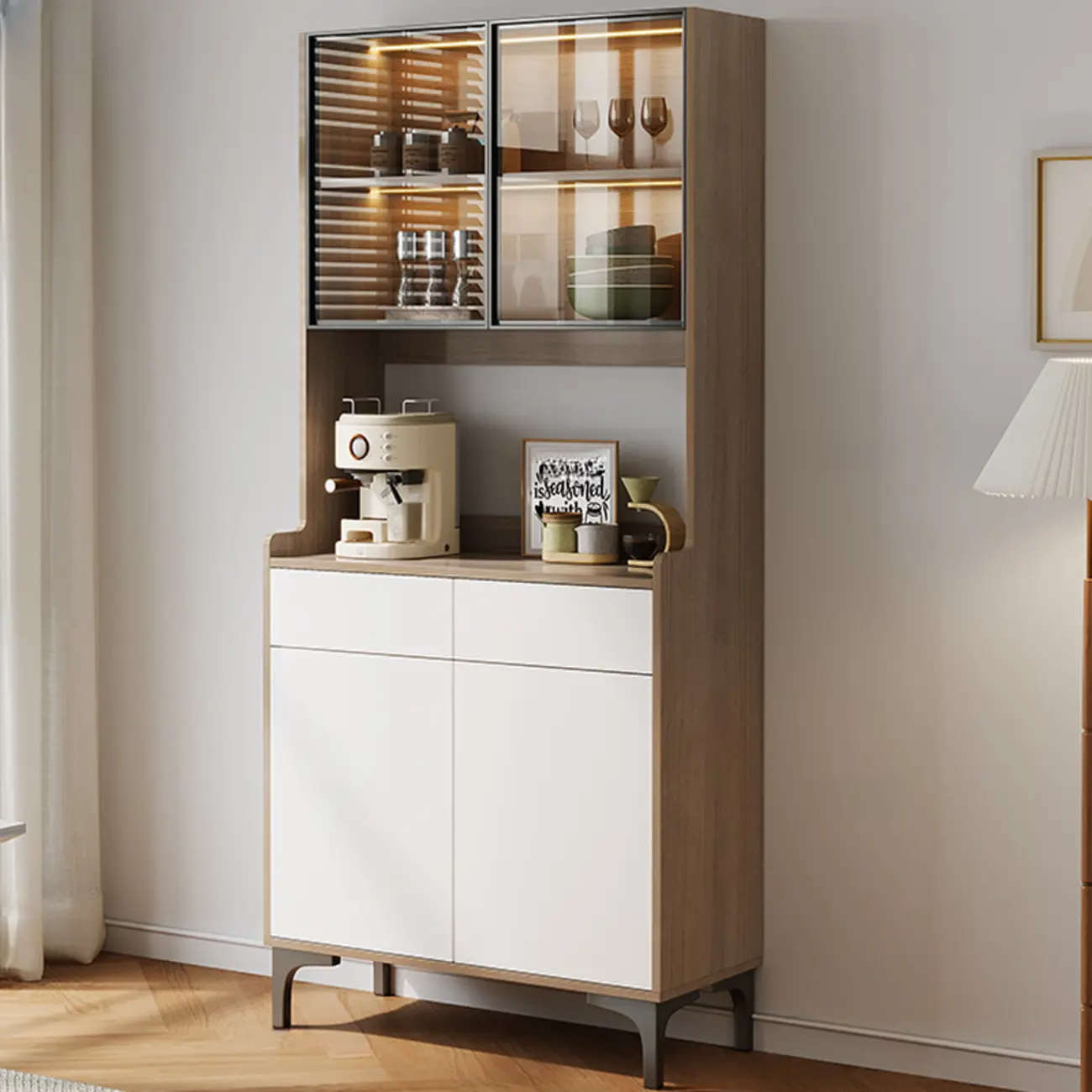 Large Wood Glass Doors Cabinet Sideboard with Hutch Top Image - 2 | homeyfad