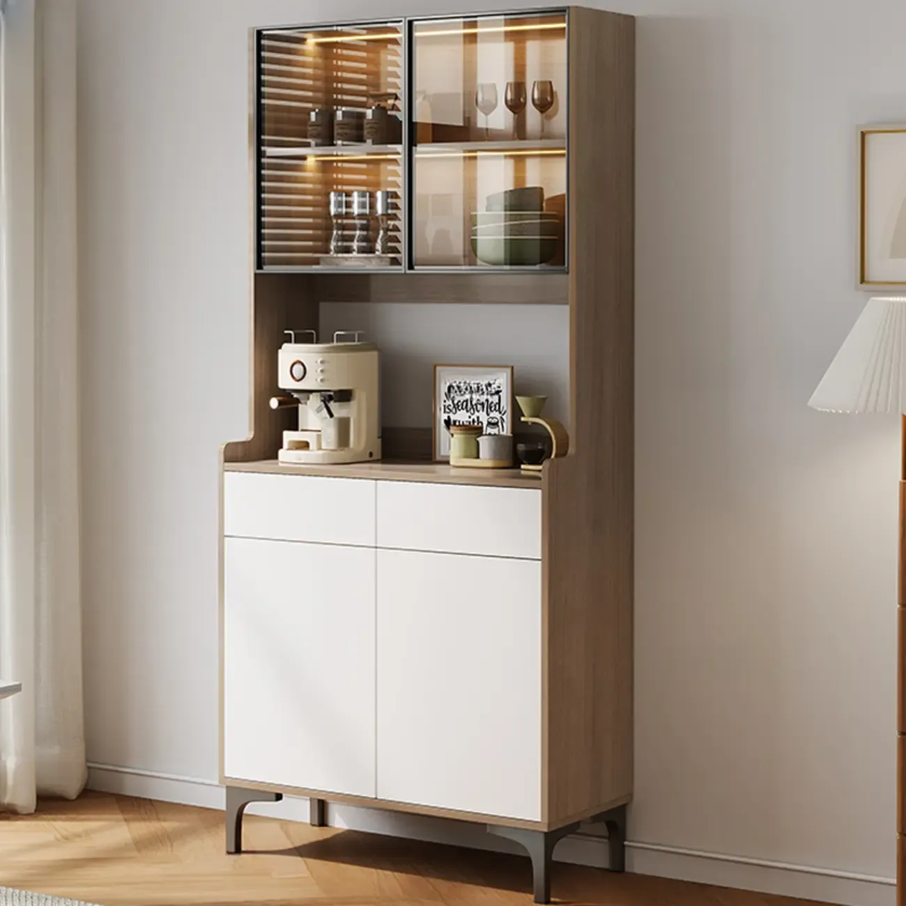 Large Wood Glass Doors Cabinet Sideboard with Hutch Top Image - 2