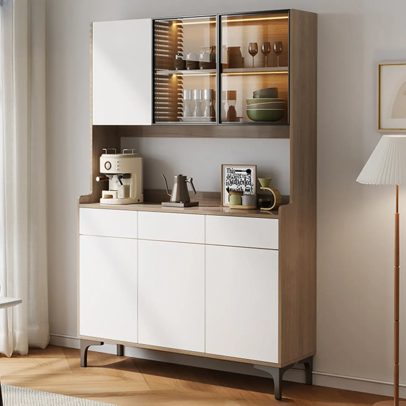 Large Wood Glass Doors Cabinet Sideboard with Hutch Top Image - 1 | homeyfad