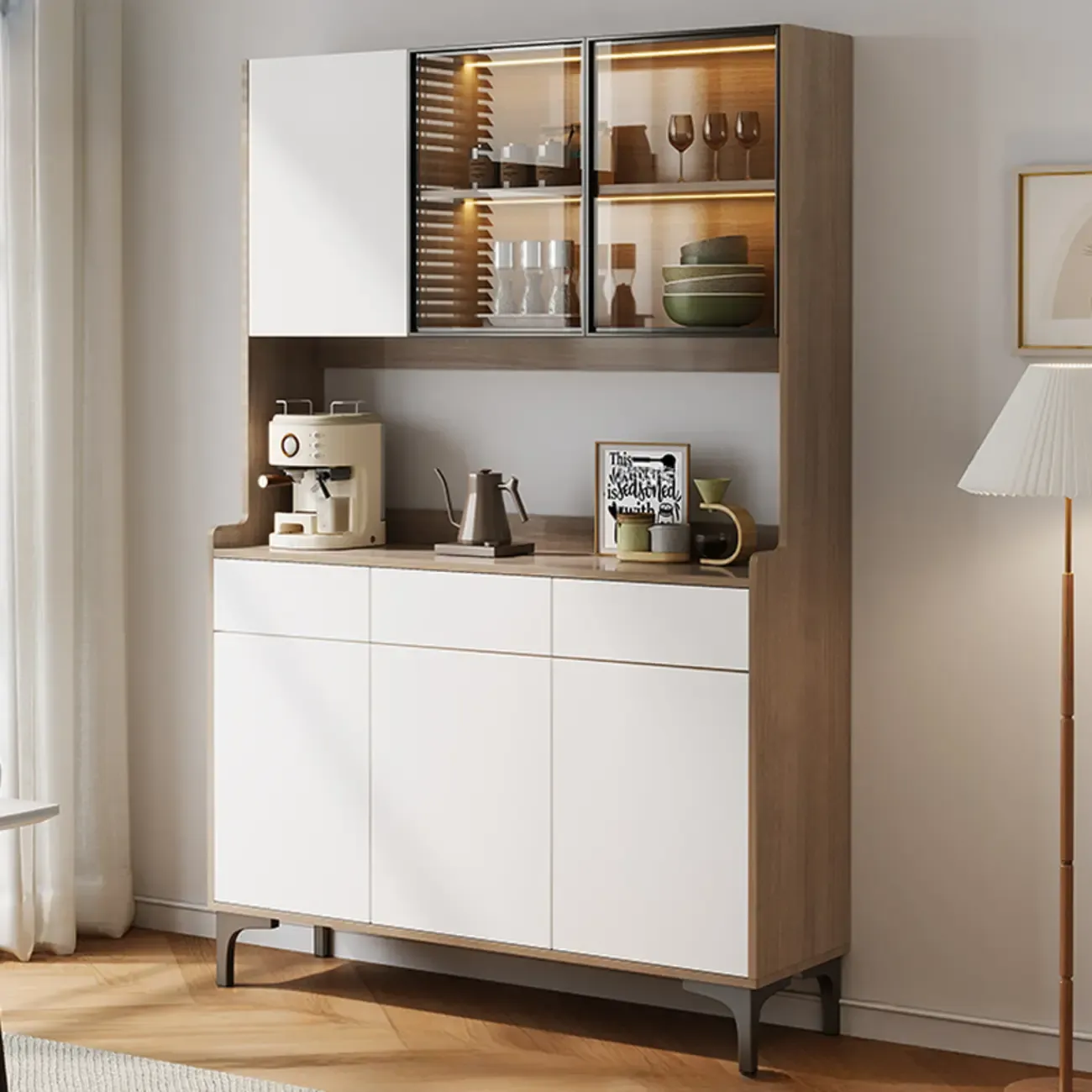 Large Wood Glass Doors Cabinet Sideboard with Hutch Top Image - 1