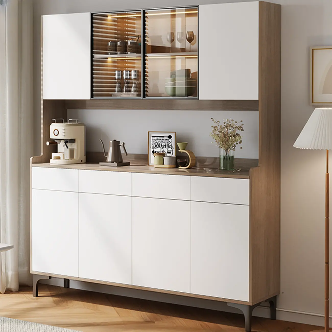 Large Wood Glass Doors Cabinet Sideboard with Hutch Top Image - 3 | homeyfad