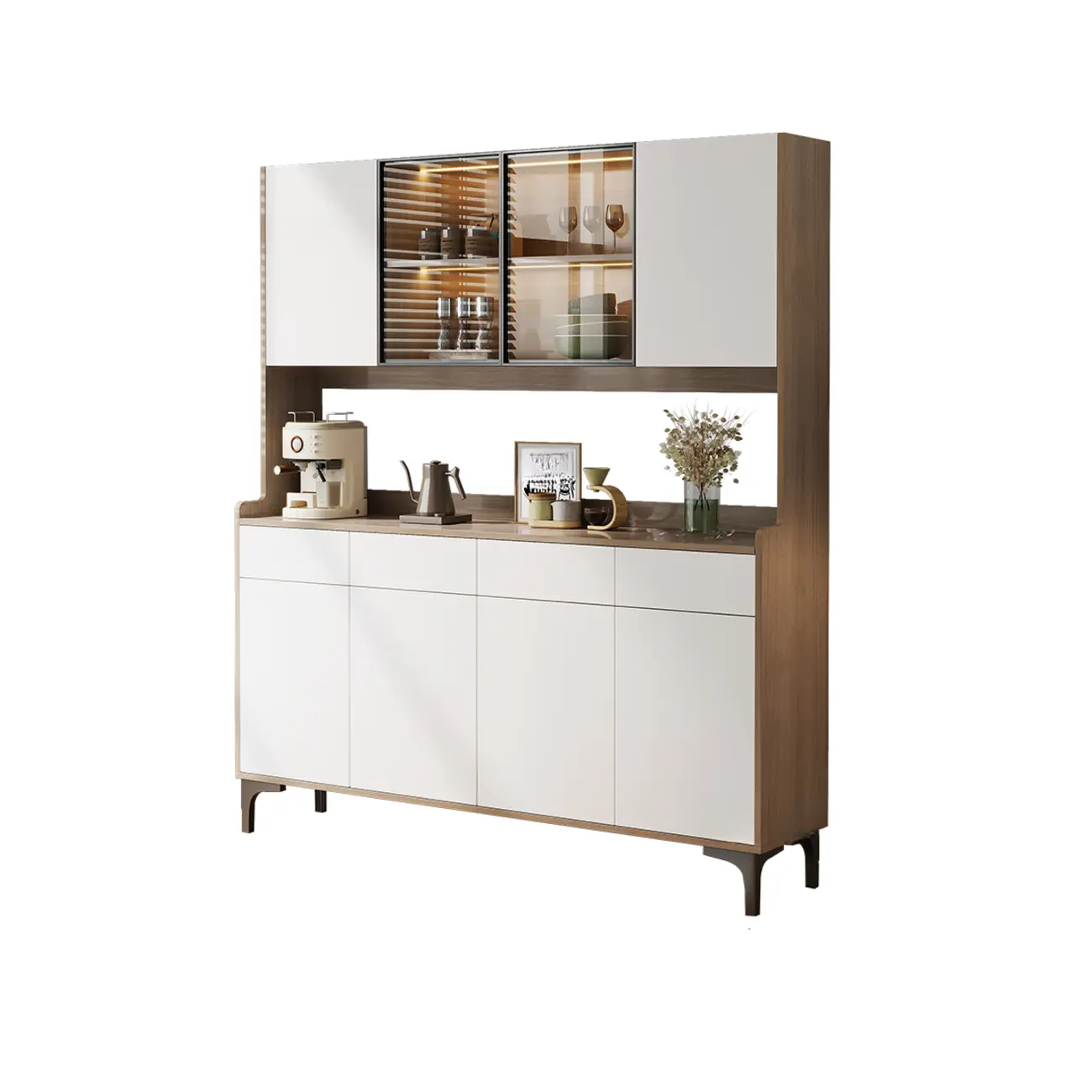 Large Wood Glass Doors Cabinet Sideboard with Hutch Top Image - 11 | homeyfad