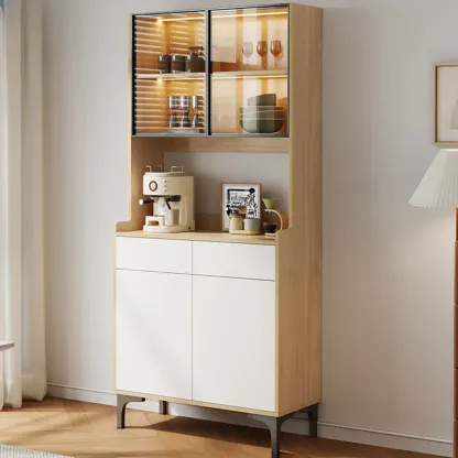 Large Wood Glass Doors Cabinet Sideboard with Hutch Top Image - 4