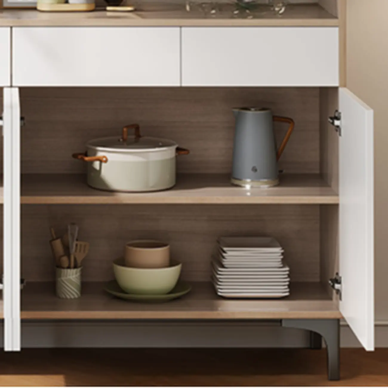 Large Wood Glass Doors Cabinet Sideboard with Hutch Top Image - 7 | homeyfad