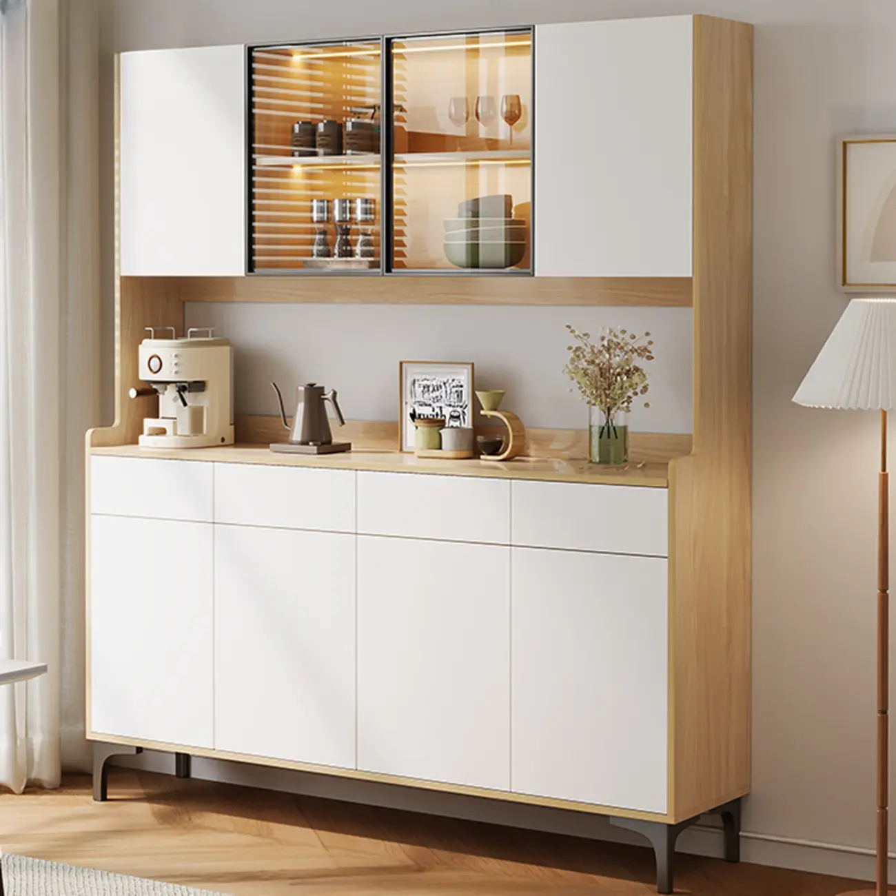 Large Wood Glass Doors Cabinet Sideboard with Hutch Top Image - 6 | homeyfad