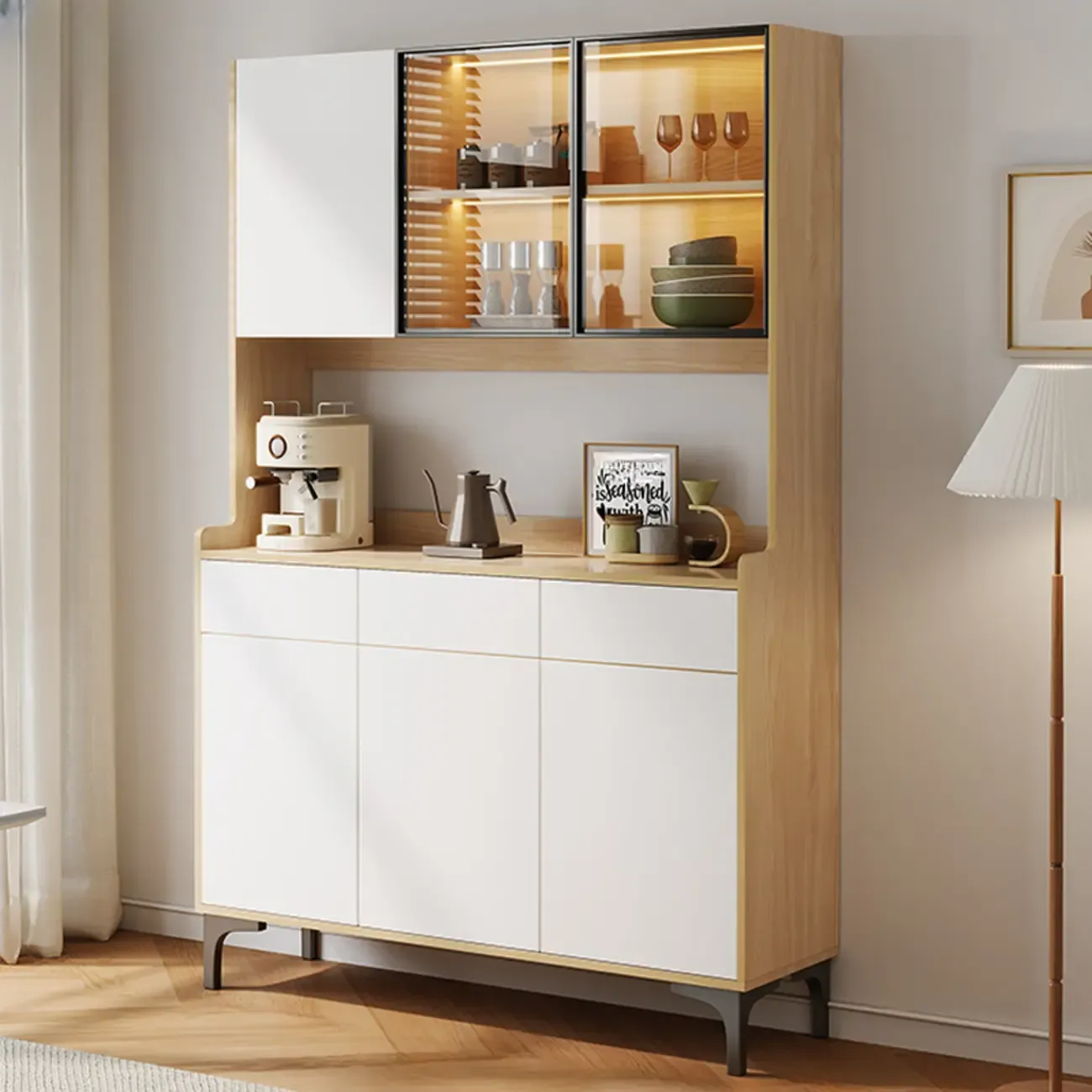 Large Wood Glass Doors Cabinet Sideboard with Hutch Top Image - 5