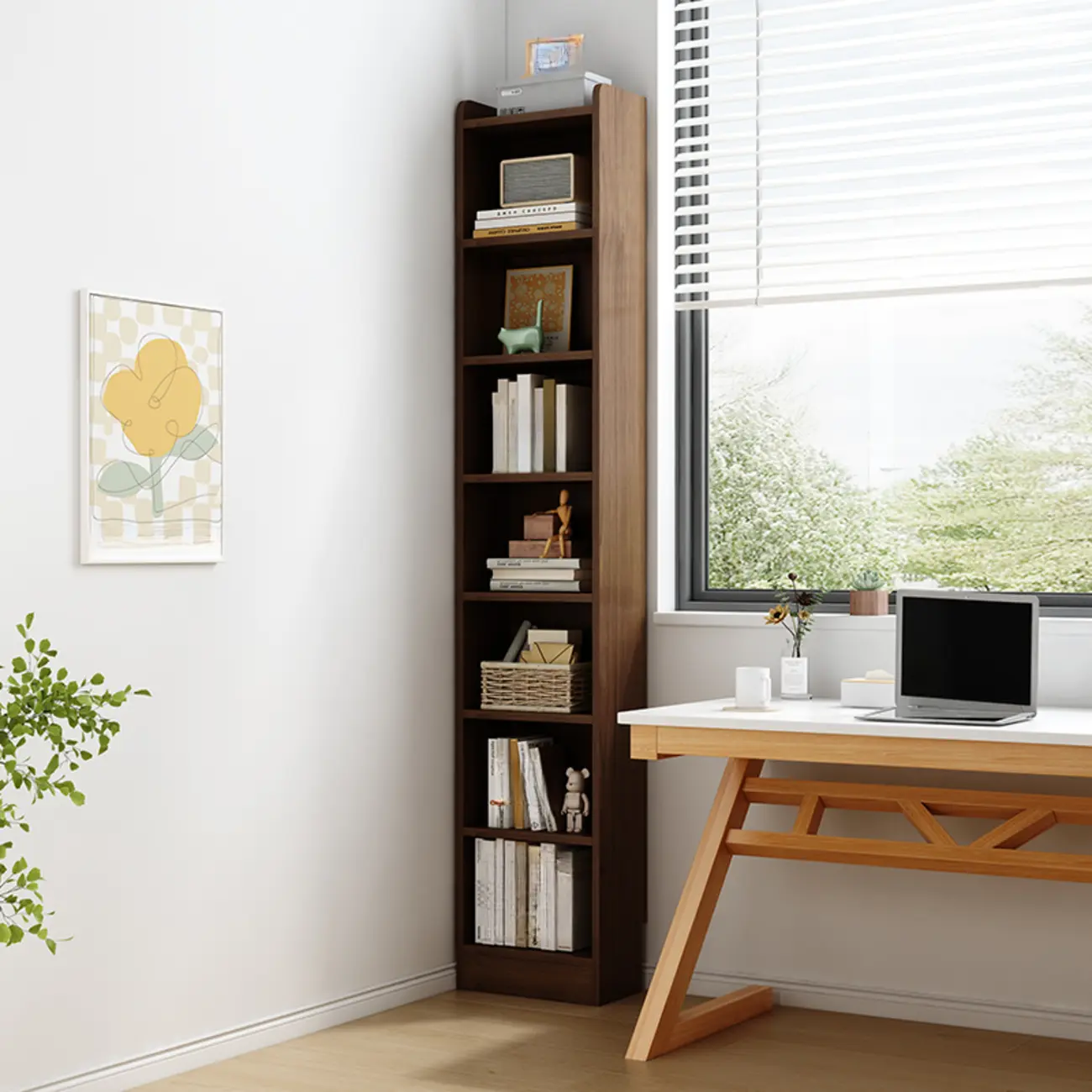 Compact Tall Modern Wooden 5-Tier Corner Bookcase Image - 1 | homeyfad