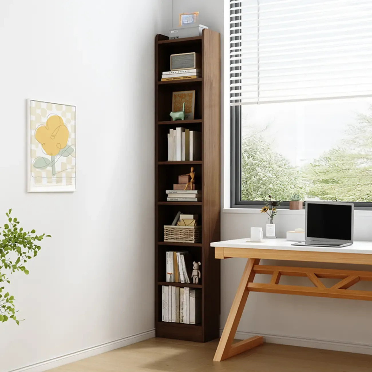 Compact Tall Modern Wooden 5-Tier Corner Bookcase Image - 1