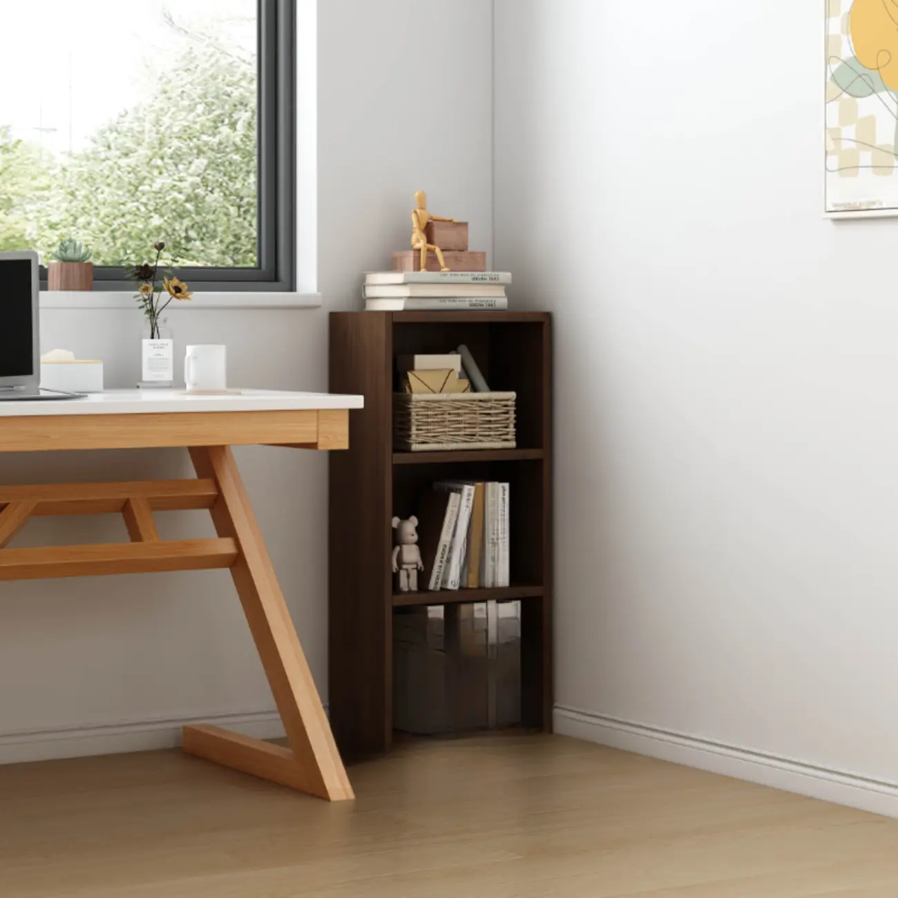 Compact Tall Modern Wooden 5-Tier Corner Bookcase Image - 3 | homeyfad