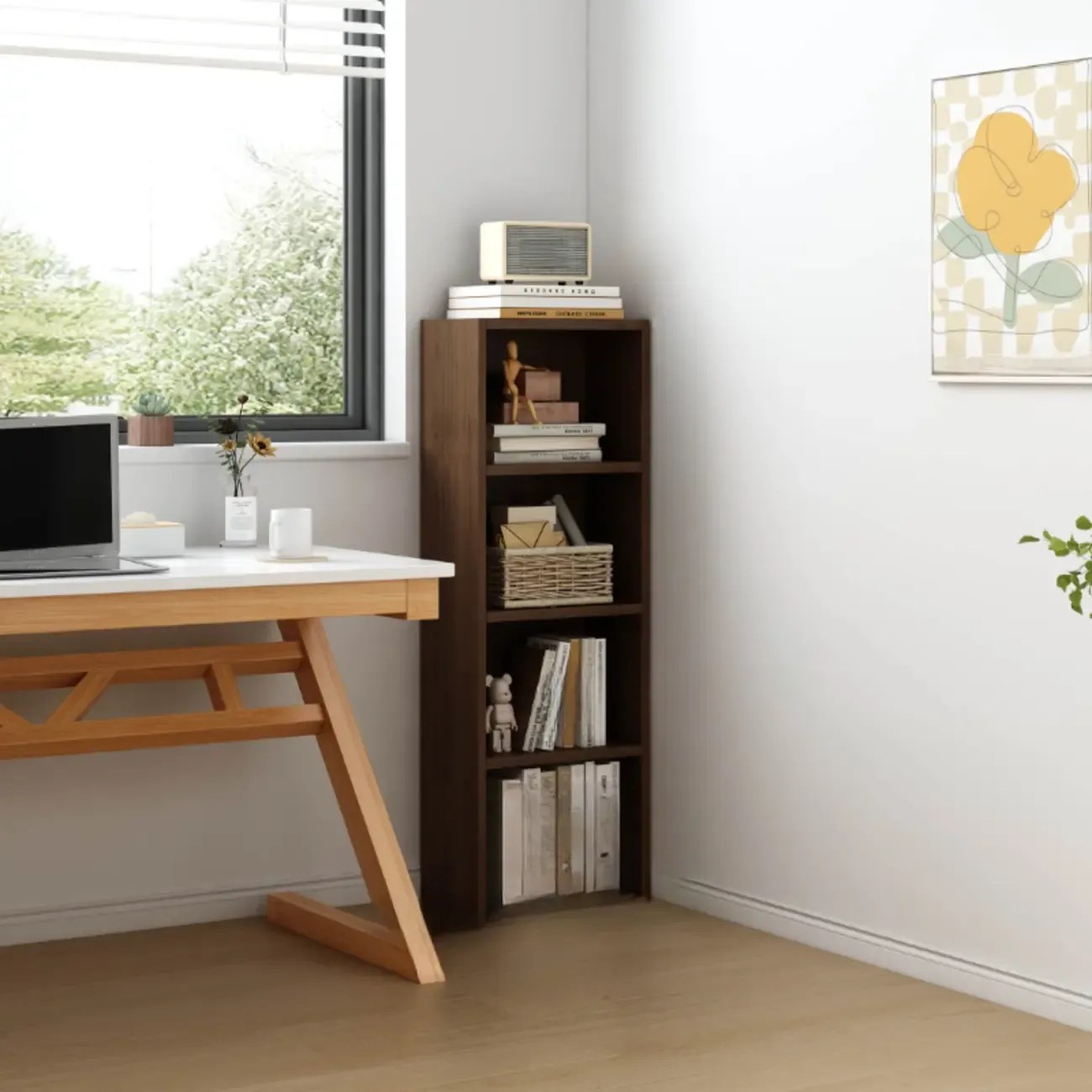 Compact Tall Modern Wooden 5-Tier Corner Bookcase Image - 4