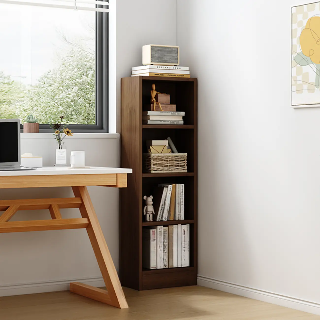 Compact Tall Modern Wooden 5-Tier Corner Bookcase Image - 6 | homeyfad