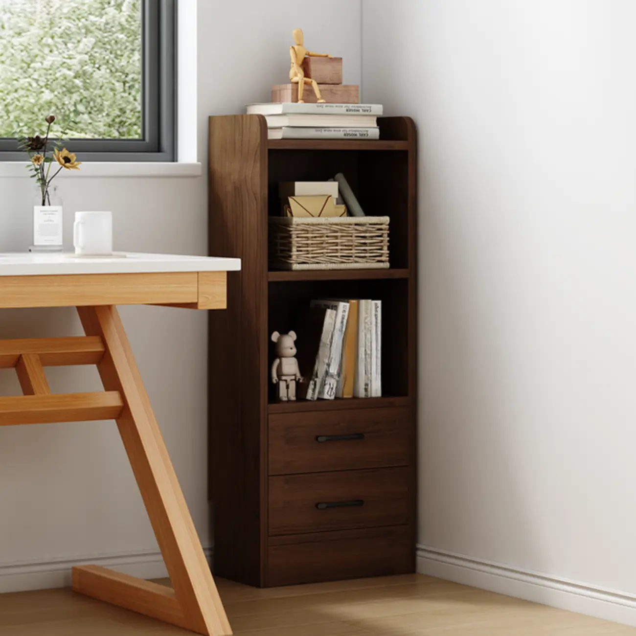 Compact Tall Modern Wooden 5-Tier Corner Bookcase Image - 7 | homeyfad