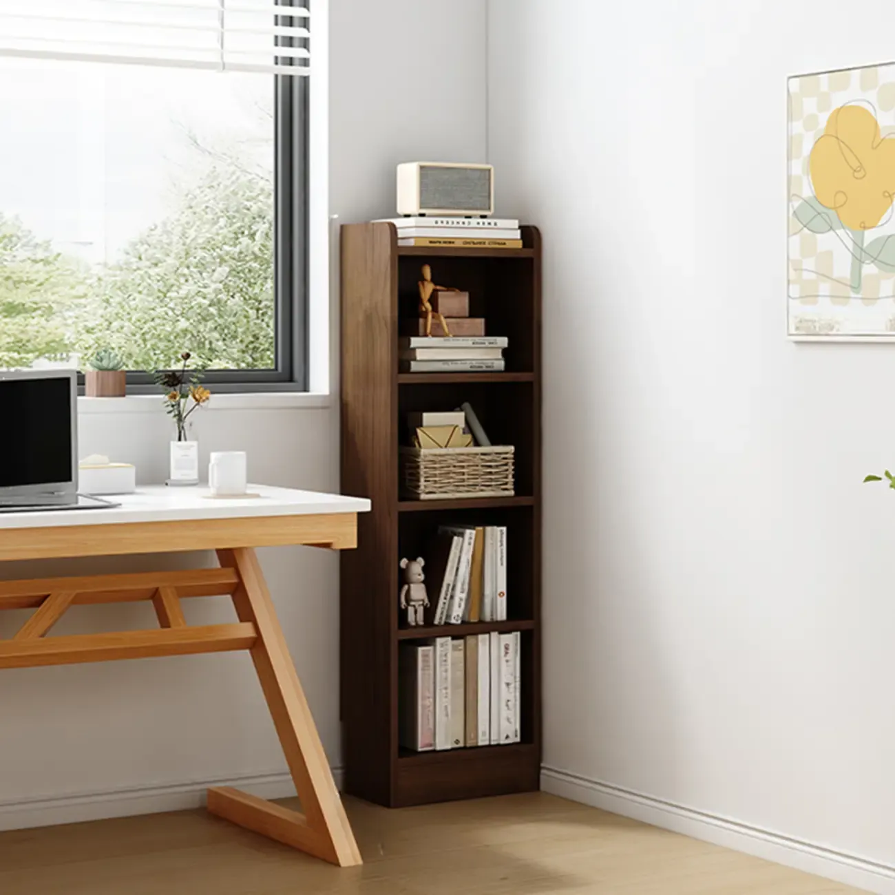 Compact Tall Modern Wooden 5-Tier Corner Bookcase Image - 8