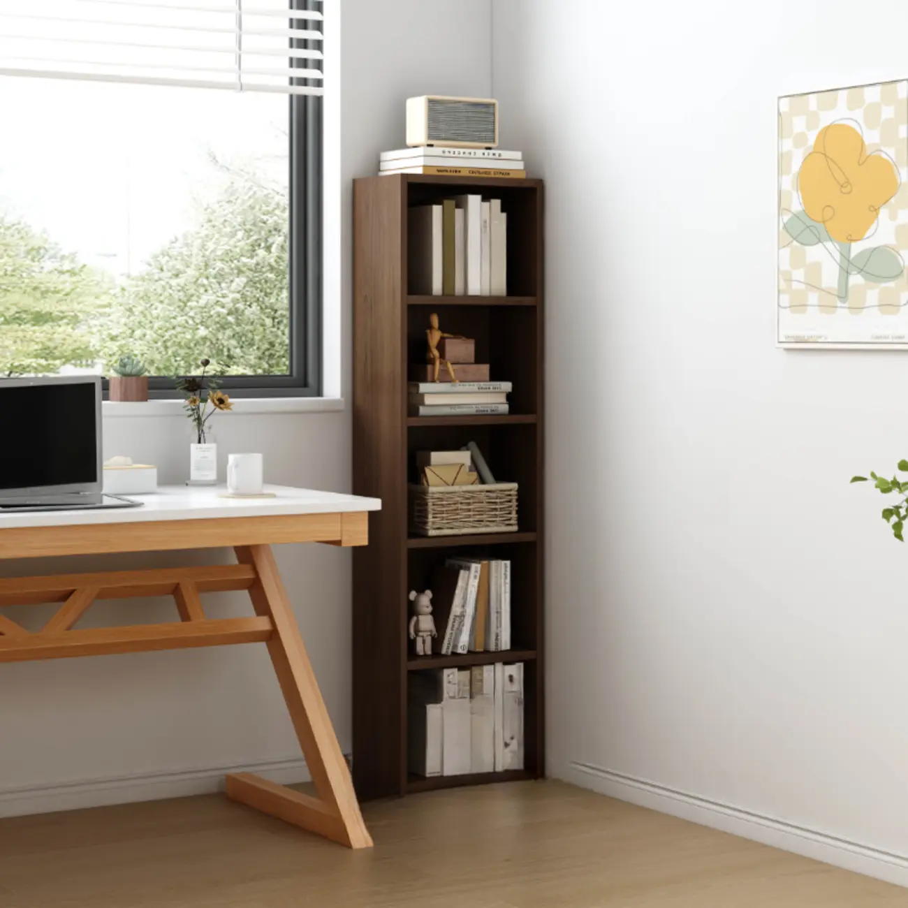 Compact Tall Modern Wooden 5-Tier Corner Bookcase Image - 10 | homeyfad