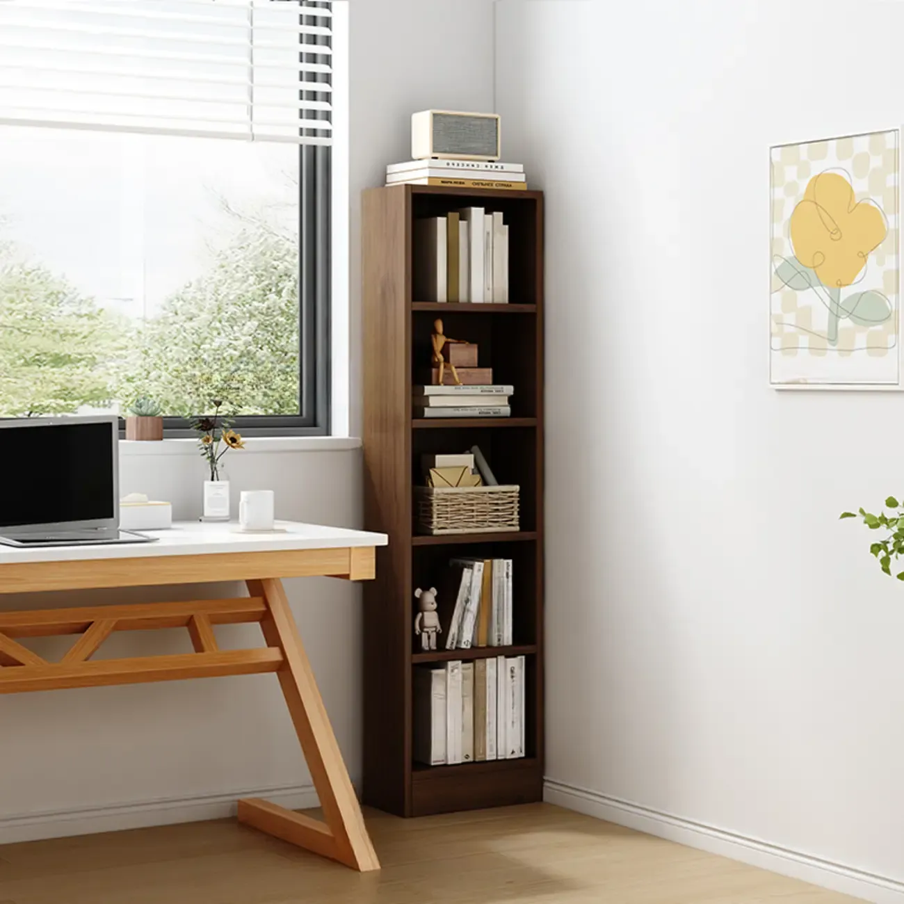 Compact Tall Modern Wooden 5-Tier Corner Bookcase Image - 12