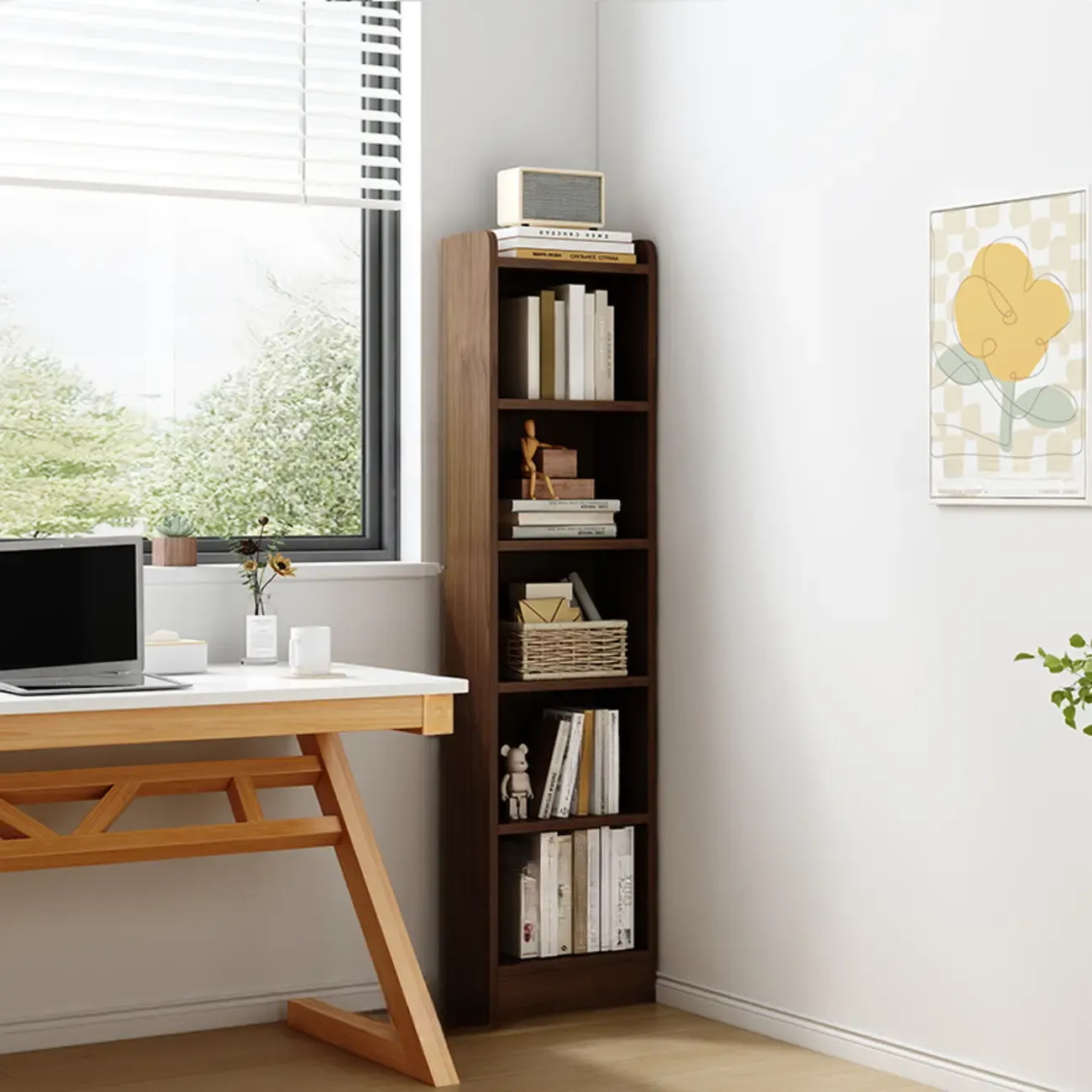Compact Tall Modern Wooden 5-Tier Corner Bookcase Image - 13