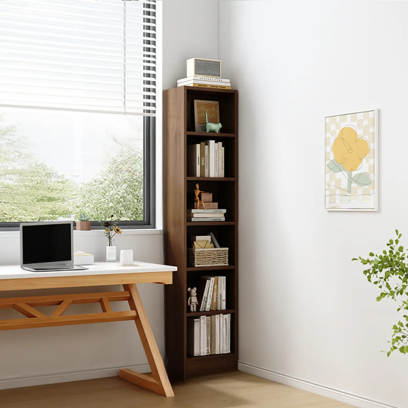 Compact Tall Modern Wooden 5-Tier Corner Bookcase Image - 15 | homeyfad
