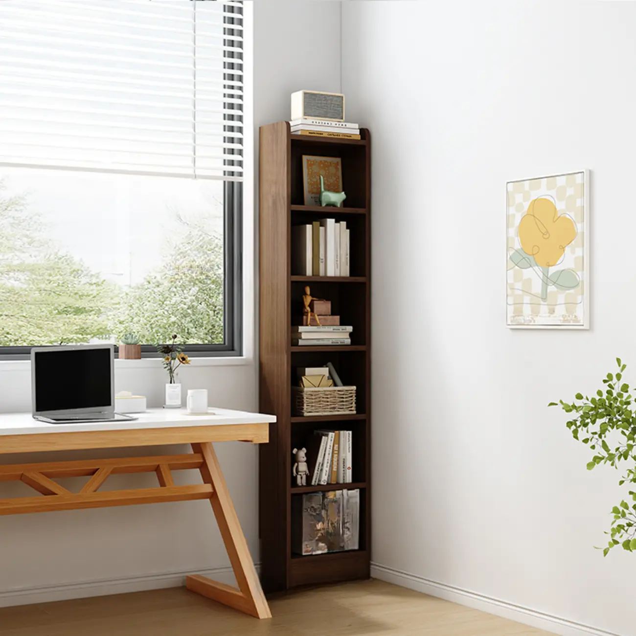 Compact Tall Modern Wooden 5-Tier Corner Bookcase Image - 16 | homeyfad