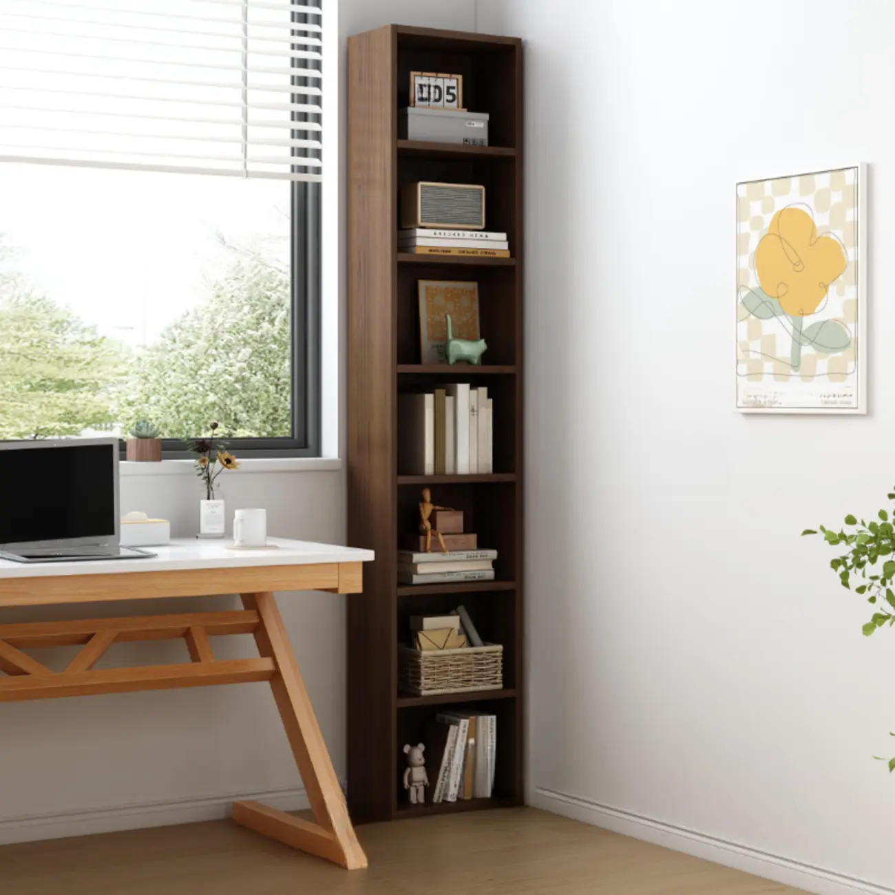 Compact Tall Modern Wooden 5-Tier Corner Bookcase Image - 17 | homeyfad