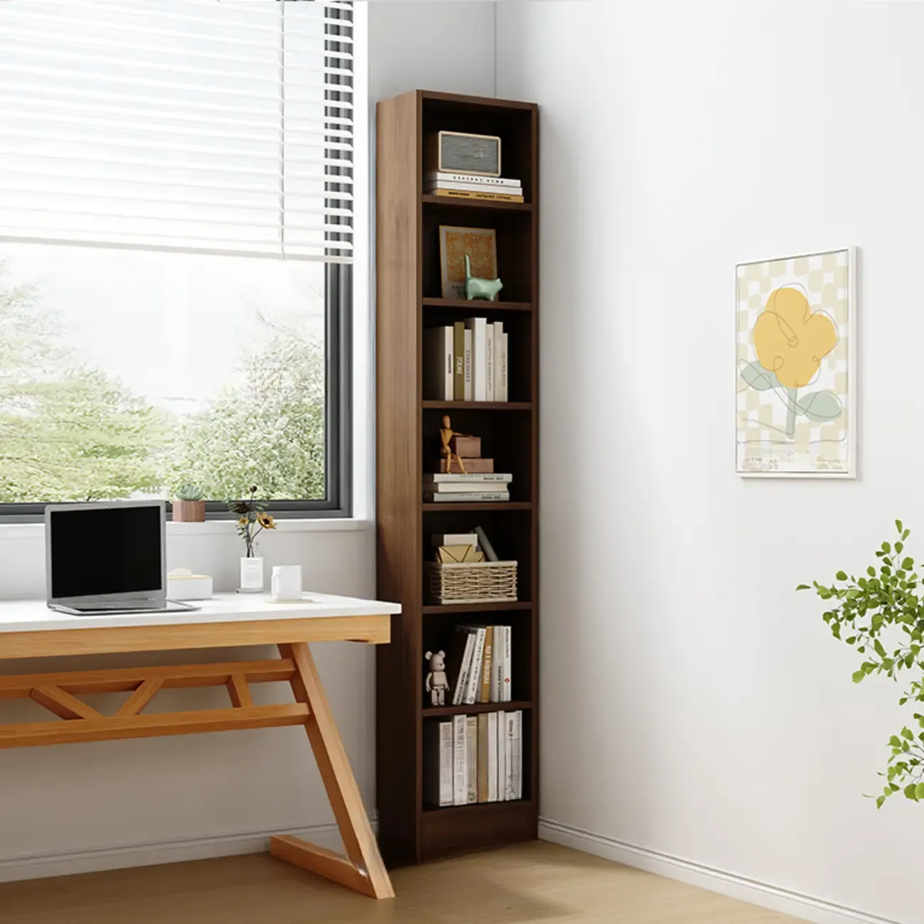 Compact Tall Modern Wooden 5-Tier Corner Bookcase Image - 18