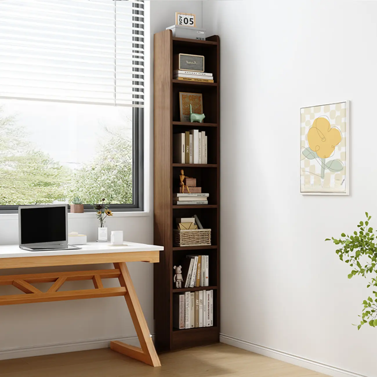 Compact Tall Modern Wooden 5-Tier Corner Bookcase Image - 19 | homeyfad