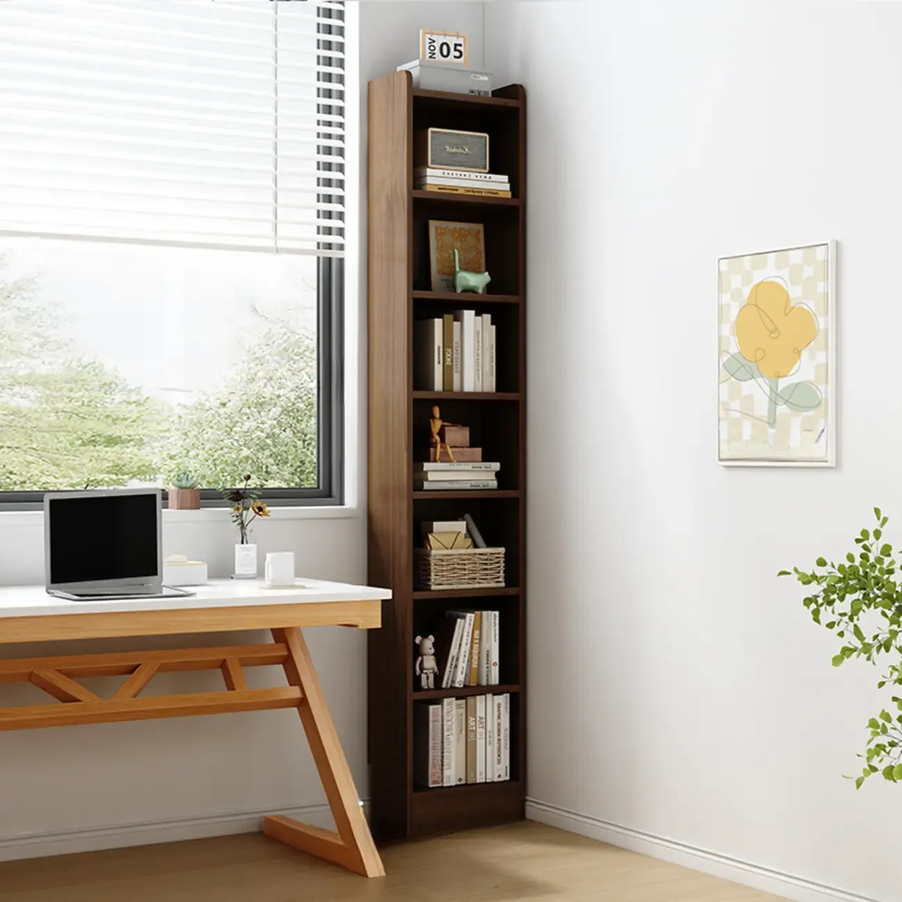 Compact Tall Modern Wooden 5-Tier Corner Bookcase Image - 19