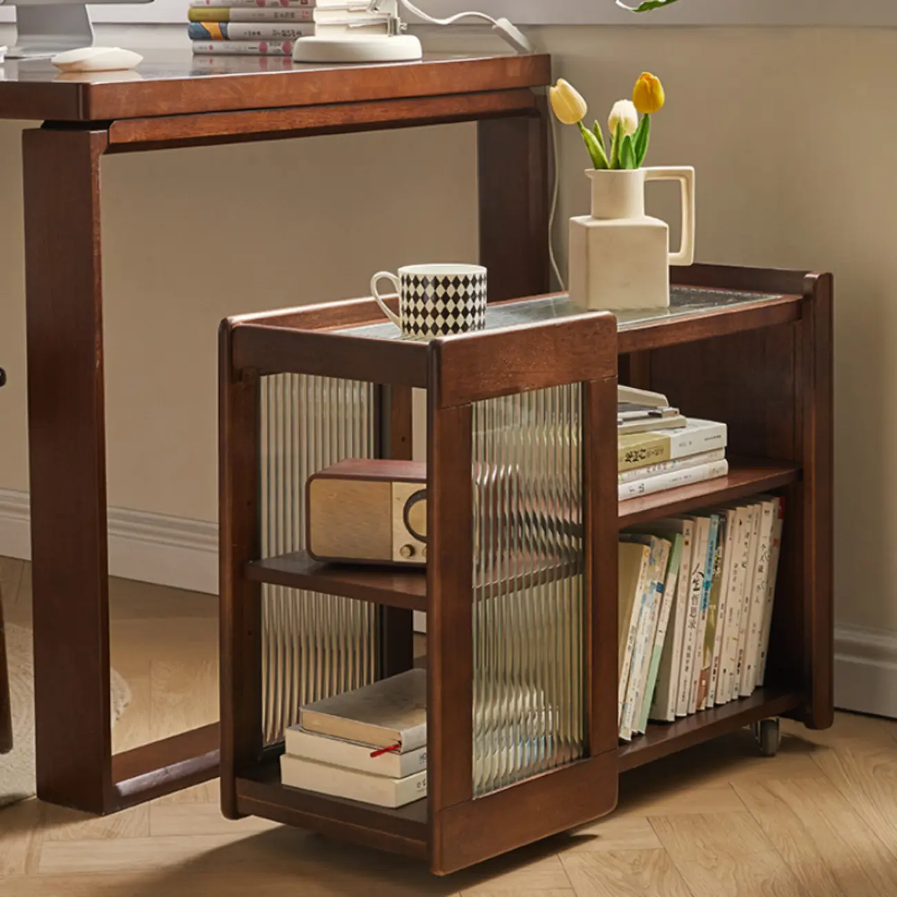 Vintage Wooden Rectangular Swivel Side Table with Glass Top Image - 2 | homeyfad