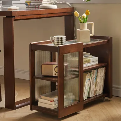 Vintage Wooden Rectangular Swivel Side Table with Glass Top Image - 2