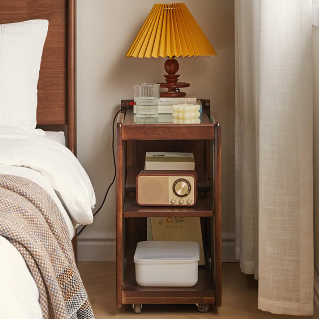 Vintage Wooden Rectangular Swivel Side Table with Glass Top Image - 3 | homeyfad