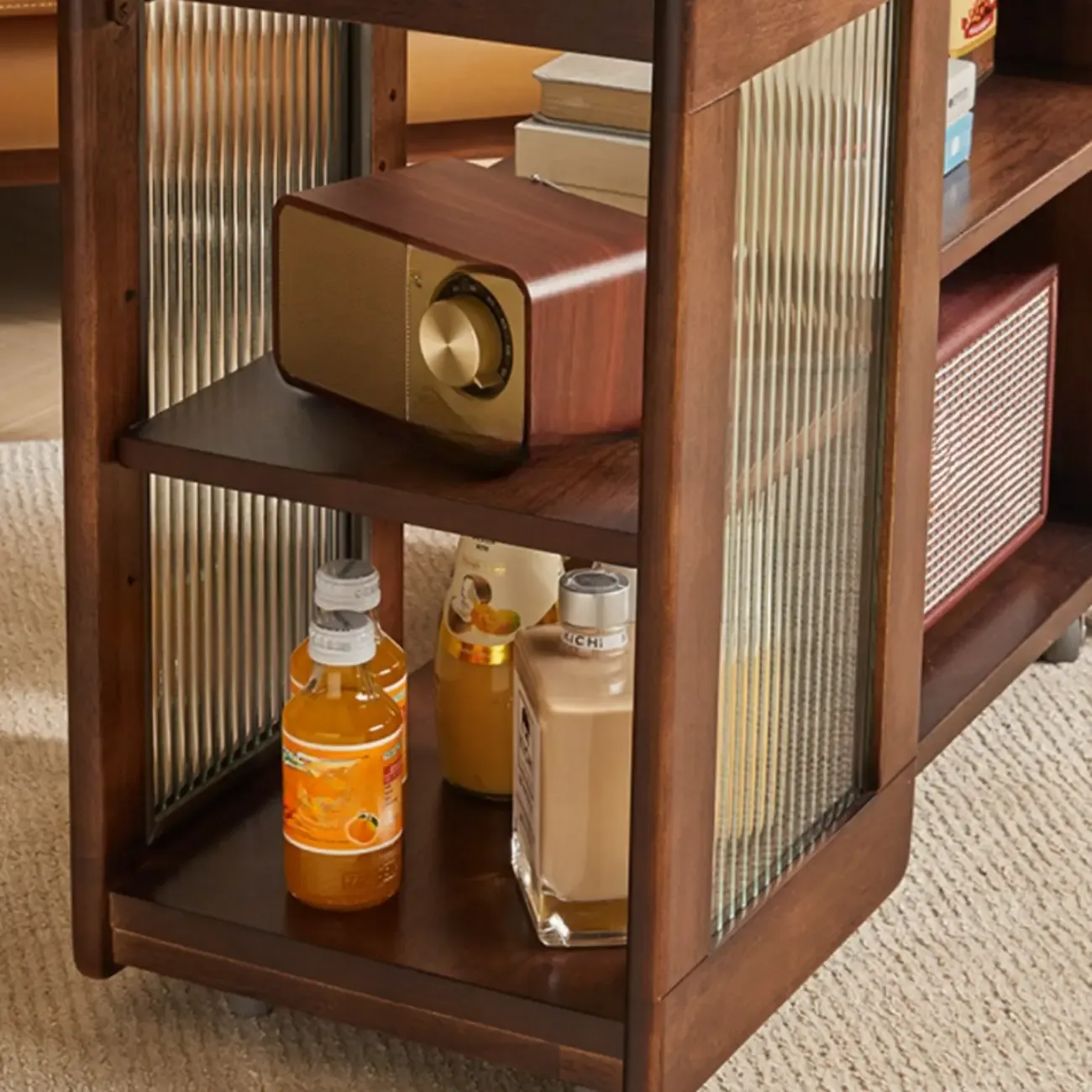 Vintage Wooden Rectangular Swivel Side Table with Glass Top Image - 5