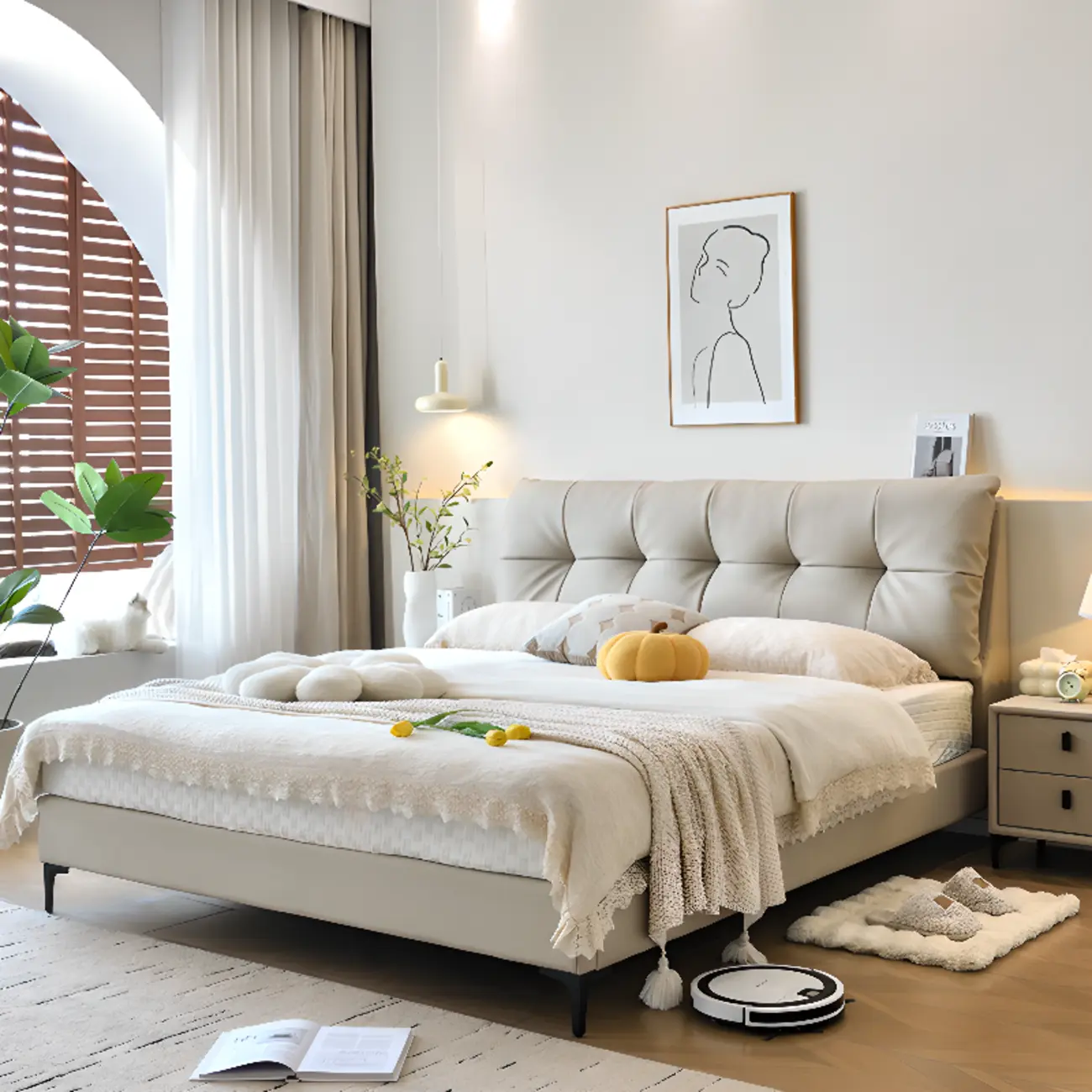 Rectangular Leather Wooden Built-In Storage Platform Bed Image - 1 | homeyfad