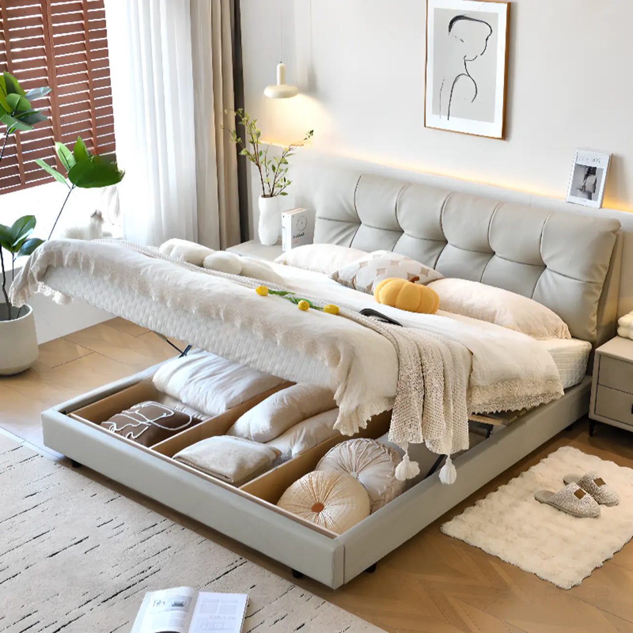 Rectangular Leather Wooden Built-In Storage Platform Bed Image - 2 | homeyfad