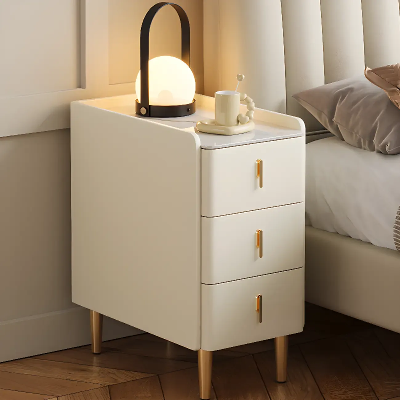 Glam Marble Top Wooden Cream 3 Drawers Nightstand Image - 1