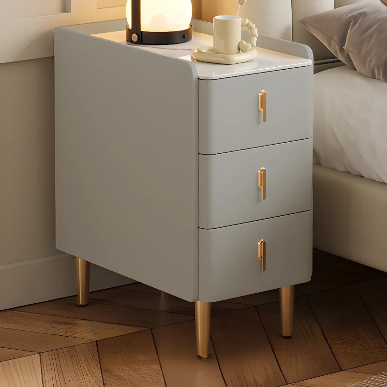 Glam Marble Top Wooden Cream 3 Drawers Nightstand Image - 3 | homeyfad