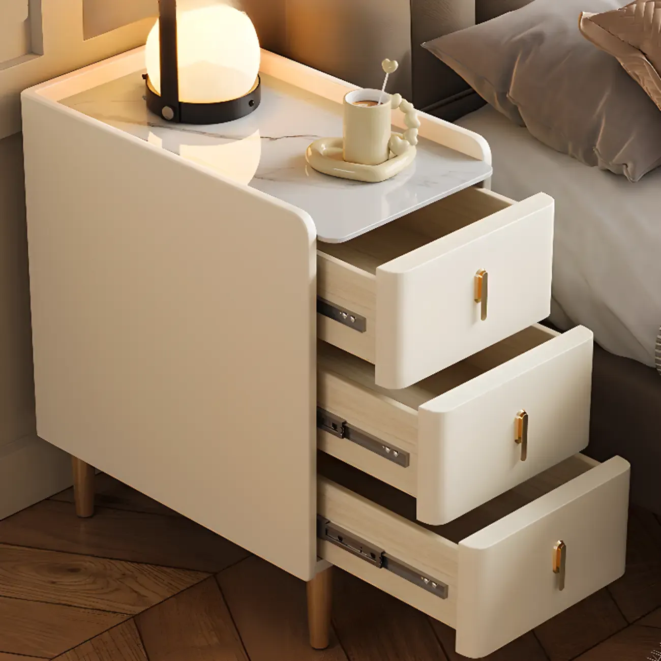 Glam Marble Top Wooden Cream 3 Drawers Nightstand Image - 2