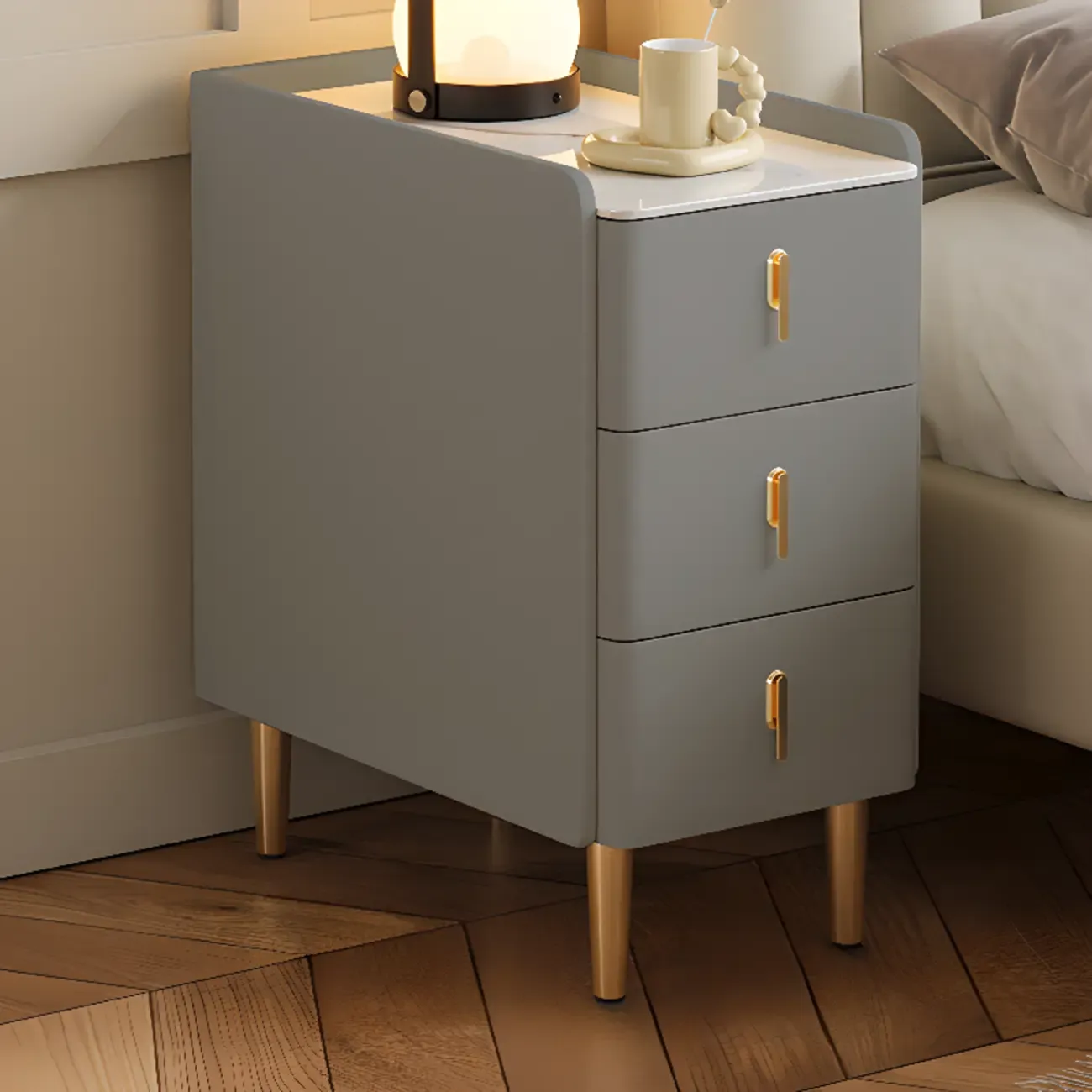 Glam Marble Top Wooden Cream 3 Drawers Nightstand Image - 5