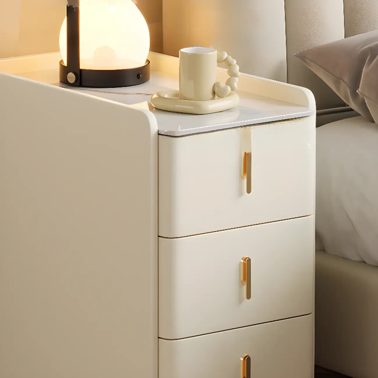 Glam Marble Top Wooden Cream 3 Drawers Nightstand Image - 6