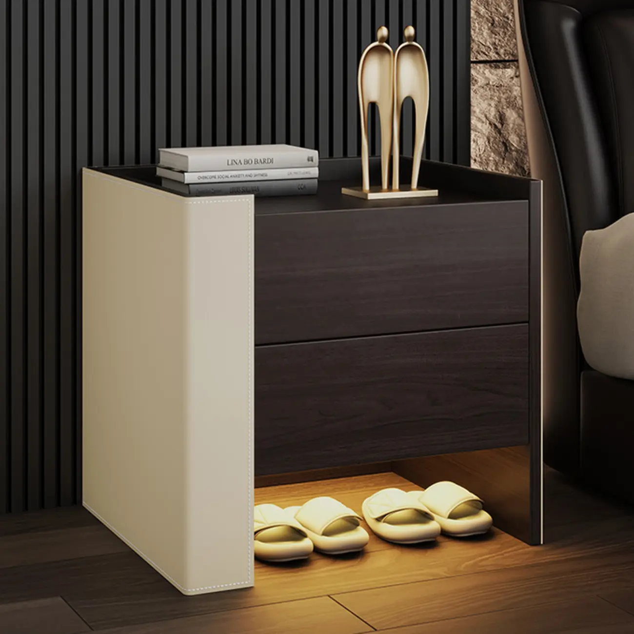 Off-White Wooden Drawer Storage Nightstand with Light Image - 1 | homeyfad