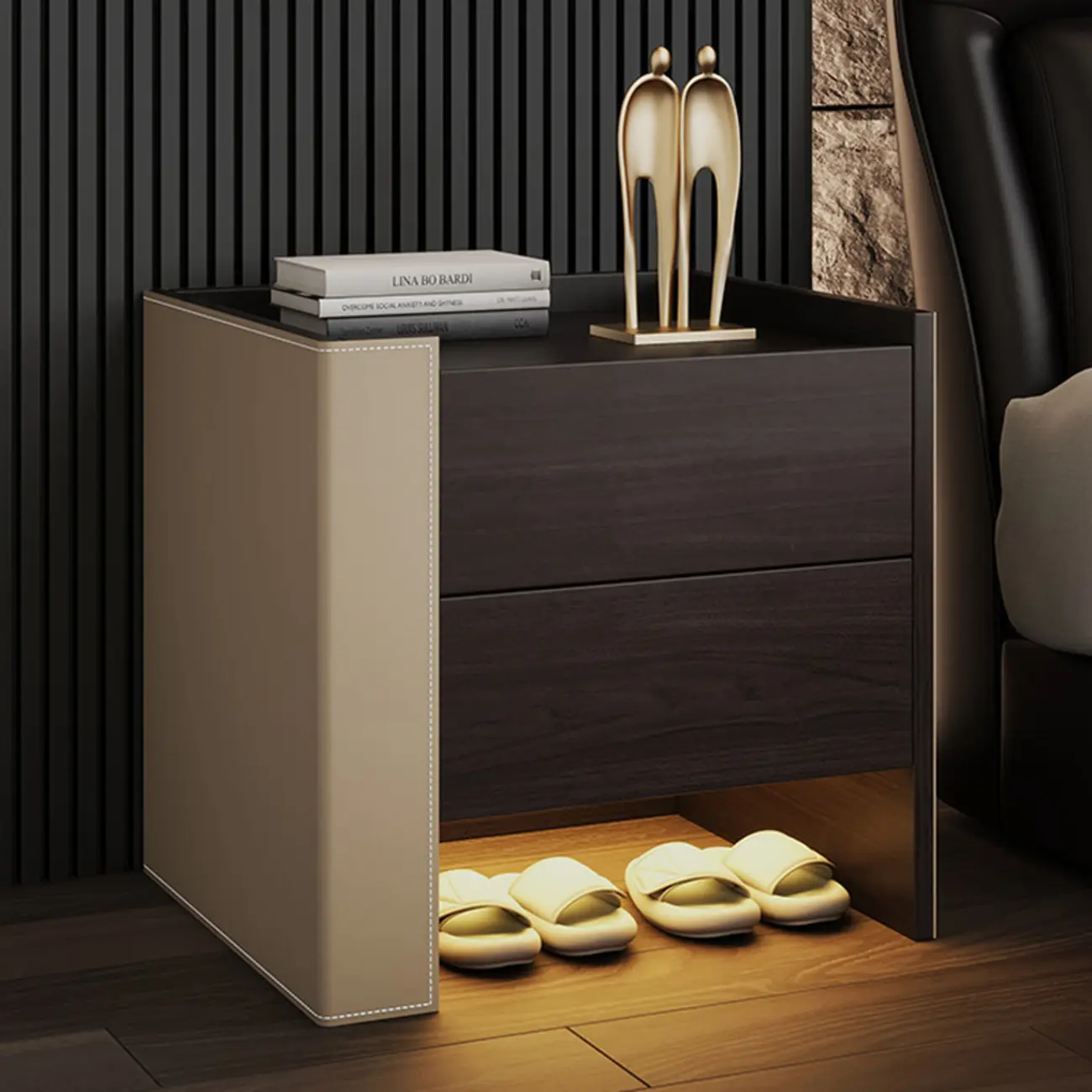 Off-White Wooden Drawer Storage Nightstand with Light Image - 2 | homeyfad