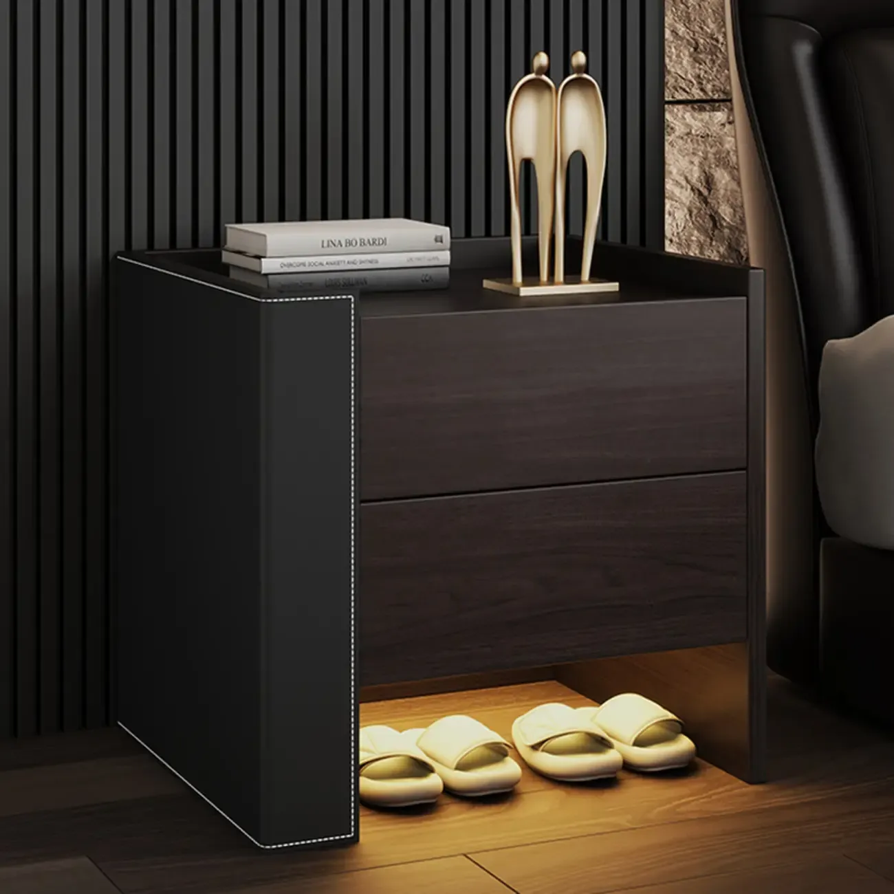 Off-White Wooden Drawer Storage Nightstand with Light Image - 3