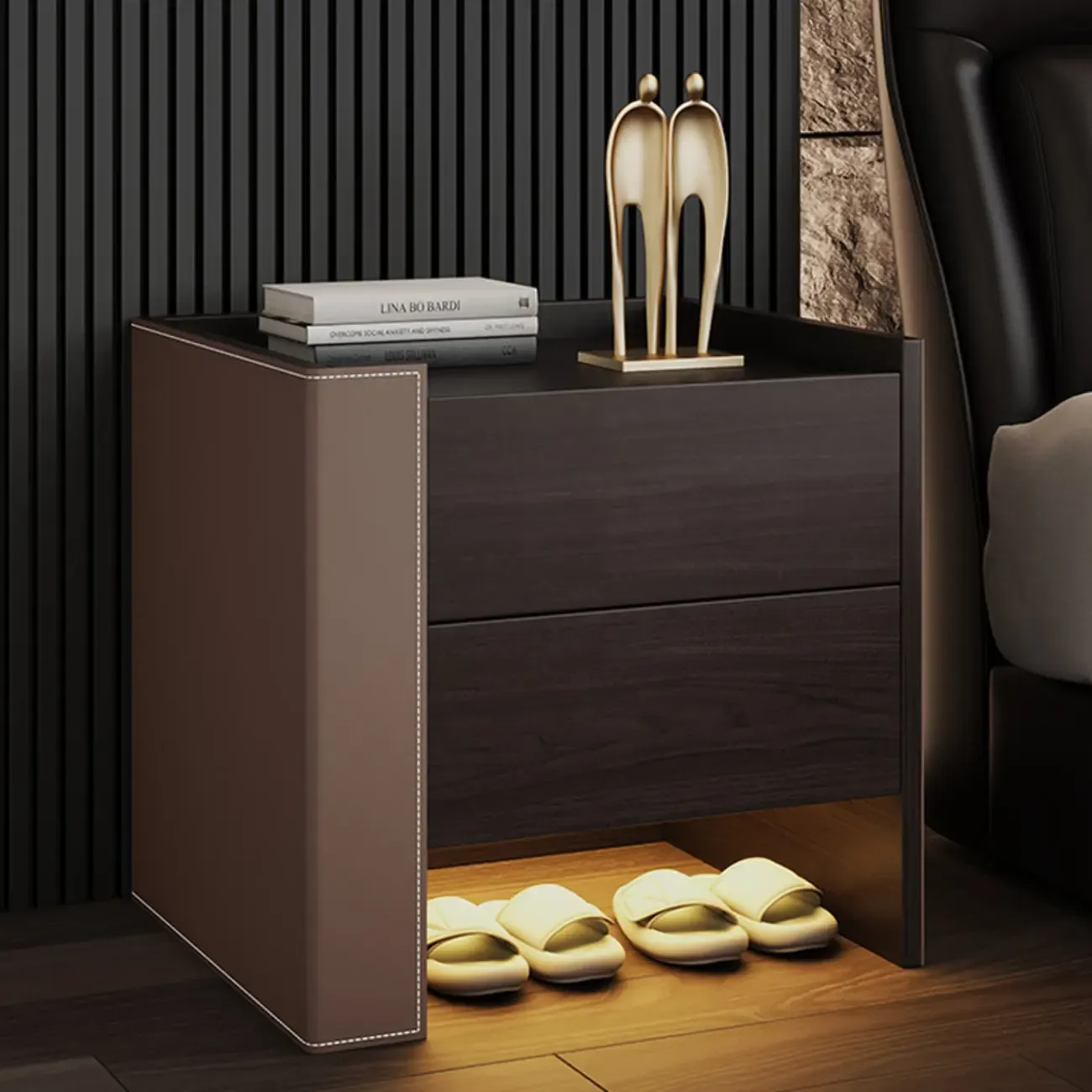 Off-White Wooden Drawer Storage Nightstand with Light Image - 5