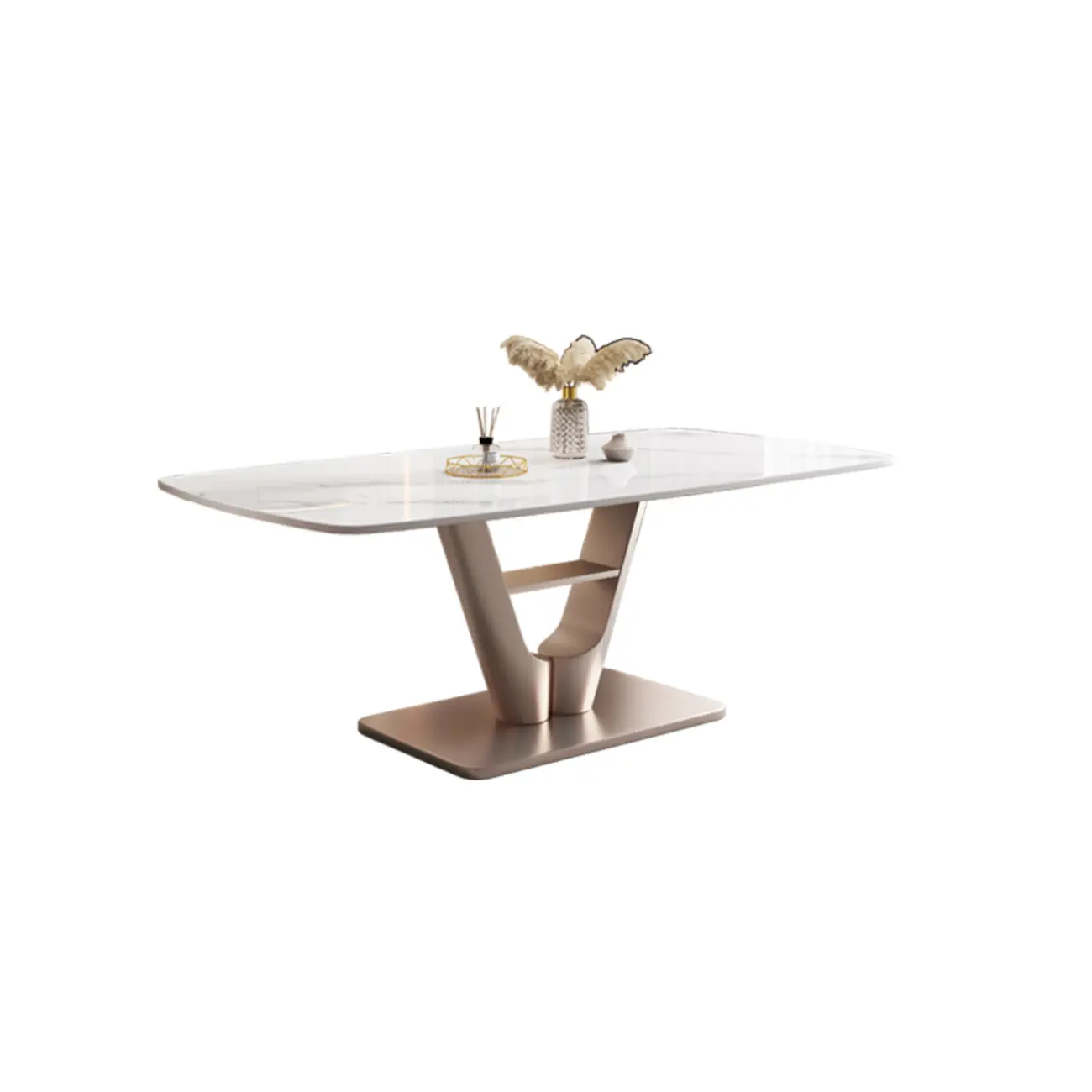 Modern White Marble Rose Gold V-Base Rectangle Dining Table Image - 2 | homeyfad