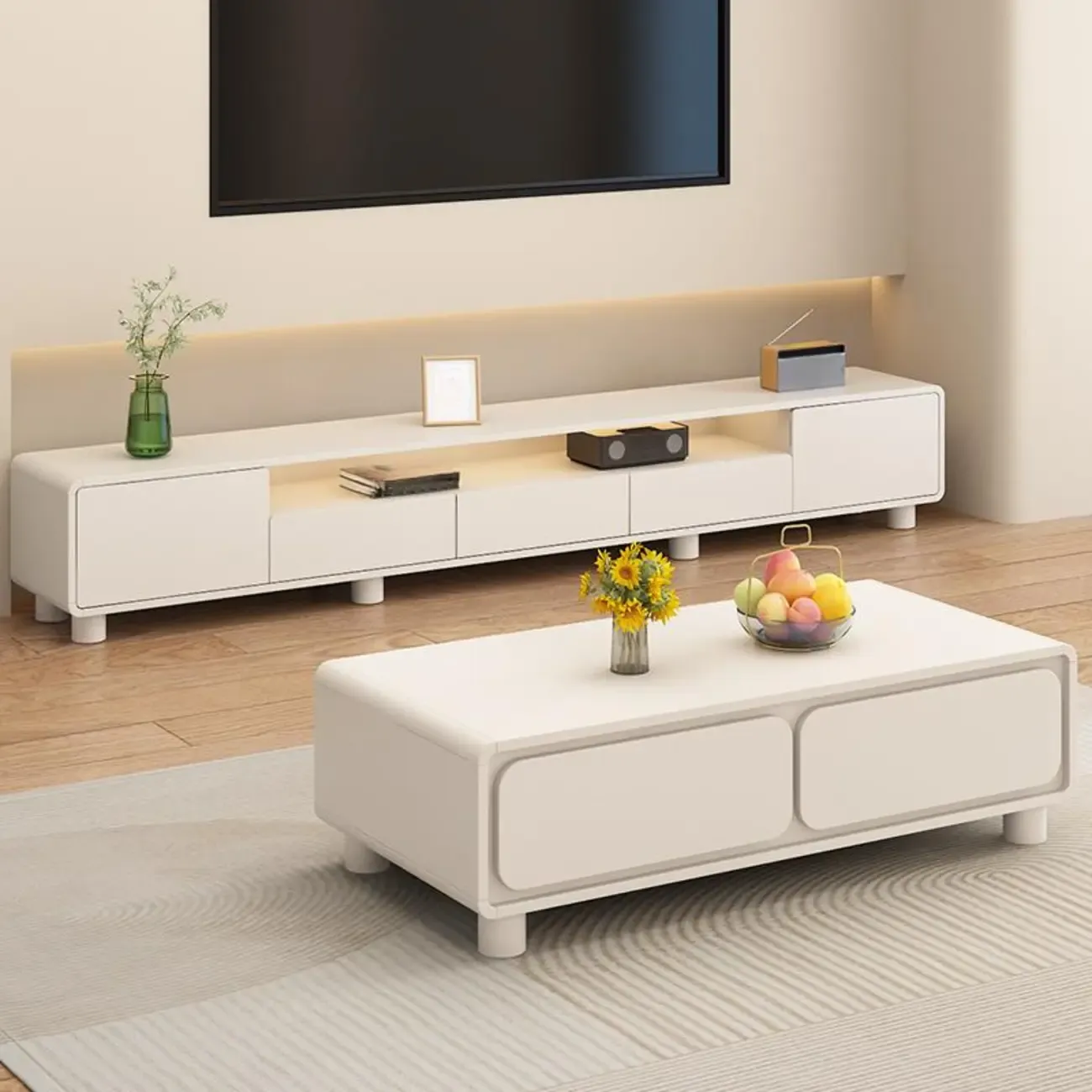 White Wooden Modern TV Stand with Drawers & Cabinets