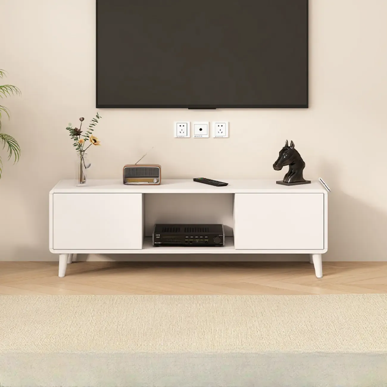 White Wooden Modern TV Stand with Drawers & Cabinets