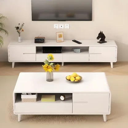 White Wooden Modern TV Stand with Drawers & Cabinets